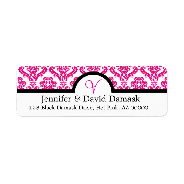 Hot Pink Elegant Monogram V Damask Return Address Label (Front)