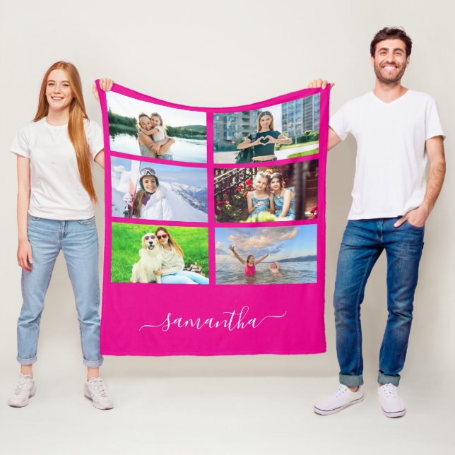 Hot Pink Elegant Script Signature Name Photo Fleece Blanket (In Situ)