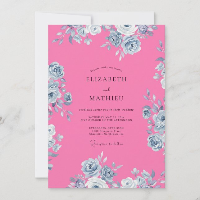 Hot Pink Energetic Floral Wedding Invitation (Front)