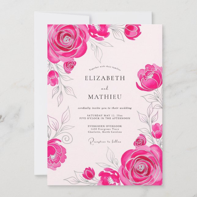 Hot Pink Exquisite Romantic Wedding Invitation (Front)