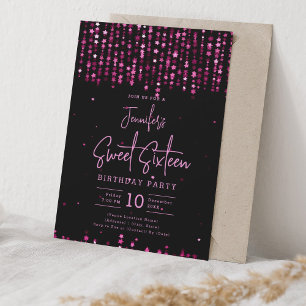 Hot Pink Falling Stars Sweet 16 Birthday Party Invitation