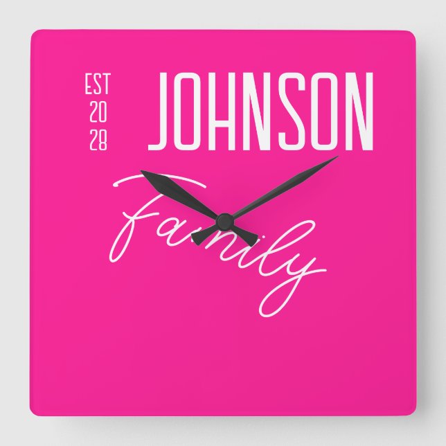 Hot Pink Family Name Square Wall Clock (Front)