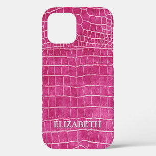 Hot Pink Faux Crocodile Leather Personalised Name iPhone 12 Case