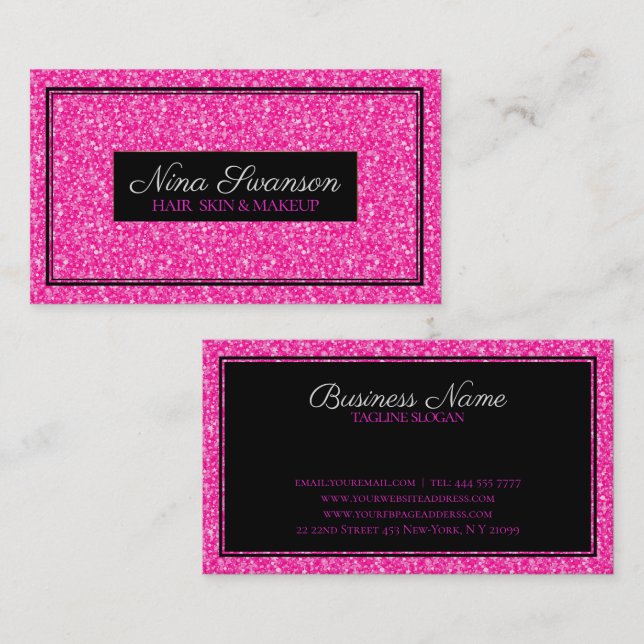 Hot Pink Faux Glitter Black Frame Business Card (Front/Back)