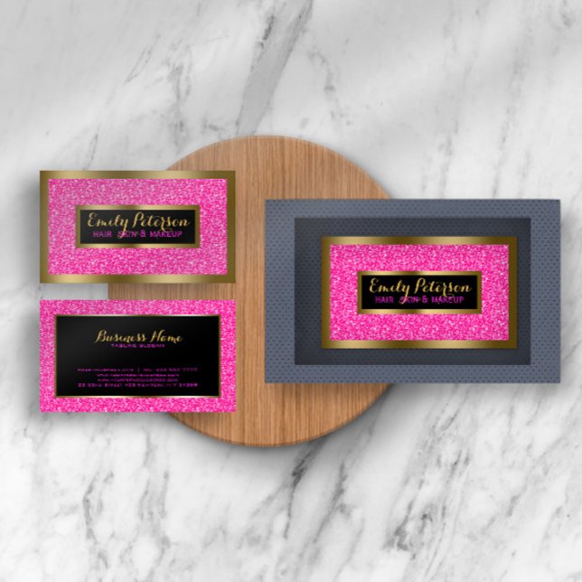 Hot Pink Faux Glitter Gold Accents Makeup Business Card (Creator Uploaded)