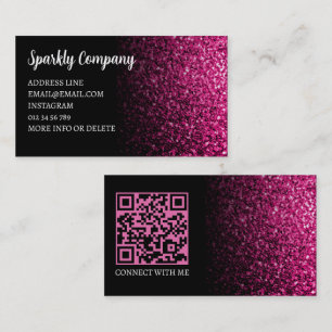 Hot pink faux glitter sparkle black QR code Business Card
