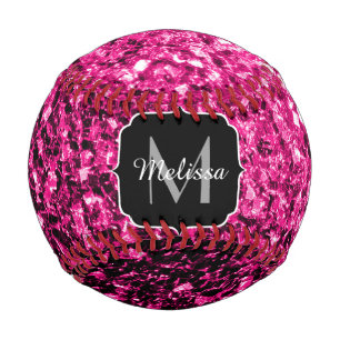 Hot pink faux glitter sparkle Monogram name Baseball