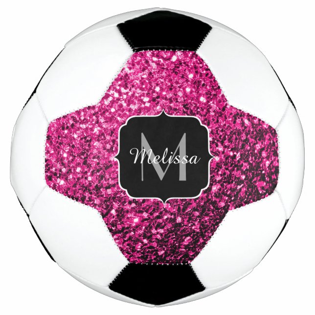 Hot pink faux glitter sparkle Monogram name Soccer Ball (Front)