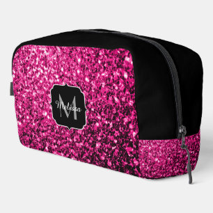 Hot pink faux glitter sparkles black Monogram Dopp Kit