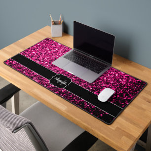 Hot pink faux glitter sparkles Monogram Desk Mat