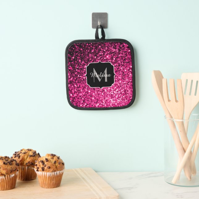 Hot pink faux glitter sparkles Monogram Pot Holder (Insitu(Hanging))