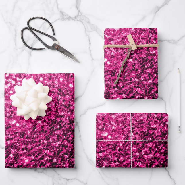 Hot pink faux glitter sparkles wrapping paper sheet (Front)