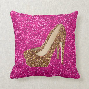 Hot Pink Faux Gold Glitter High Heels Shoes Glam Cushion