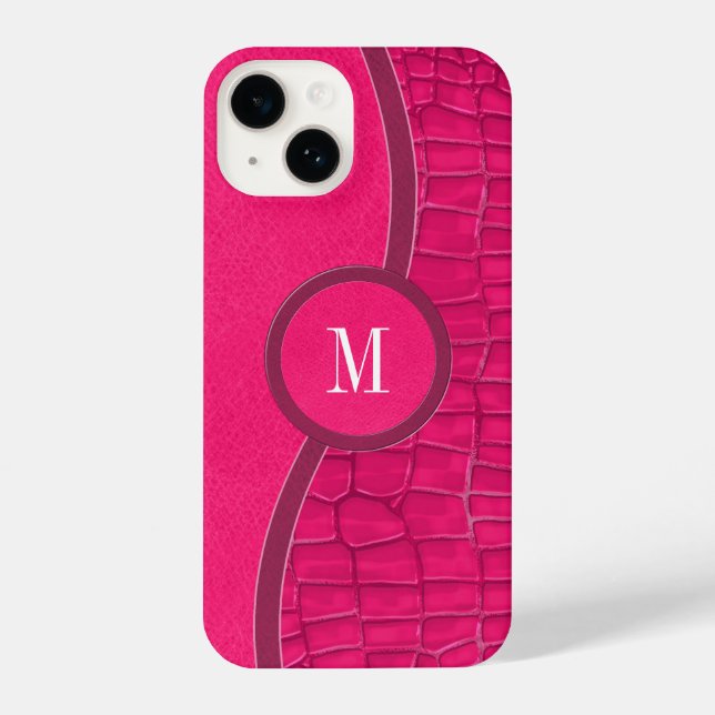 Hot Pink Faux Leather Alligator Skin Chic Monogram iPhone Case (Back)