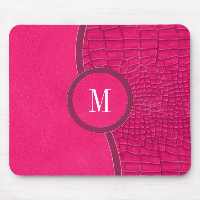 Hot Pink Faux Leather Alligator Skin Chic Monogram Mouse Pad (Front)