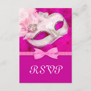 Hot Pink Feather Mask Masquerade Party RSVP Card