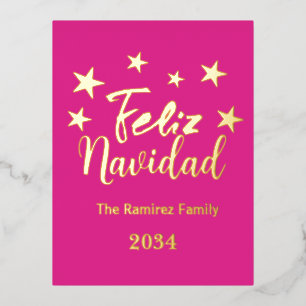 Hot Pink Feliz Navidad  Modern Christmas Family  Foil Holiday Postcard