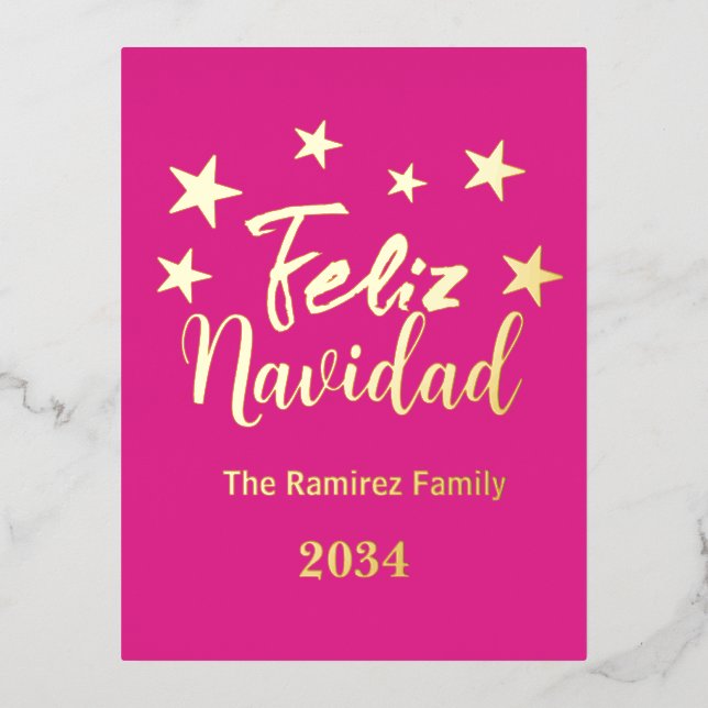 Hot Pink Feliz Navidad  Modern Christmas Family  Foil Holiday Postcard (Front)