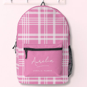Hot Pink Feminine Typographic Name Girly Plaid Printed Backpack