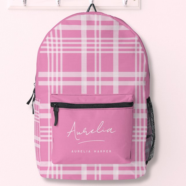 Hot Pink Feminine Typographic Name Girly Plaid Printed Backpack (Creator Uploaded)