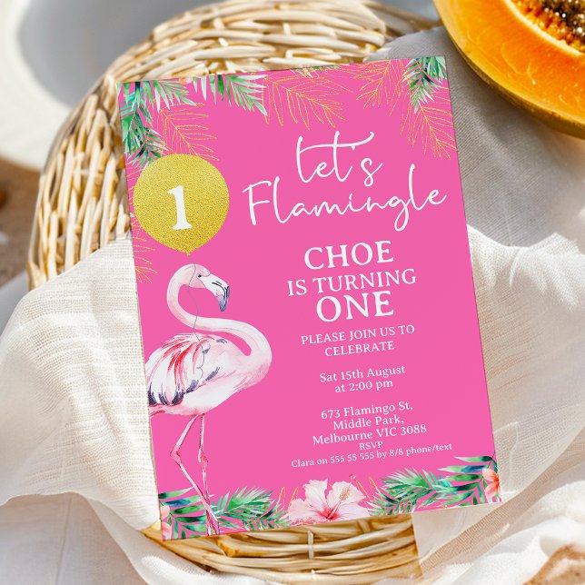 Hot Pink Flamingo Let's Flamingle 1st Birthday Invitation (Pink Lets Flamingle 1st Birthday Invitation Template, Printable Pink Flamingo Birthday Invitation )
