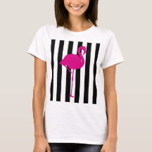 Hot Pink Flamingo on Black and White Stripe