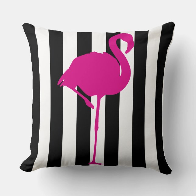 Hot Pink Flamingo on Black & White Stripes Cushion (Front)