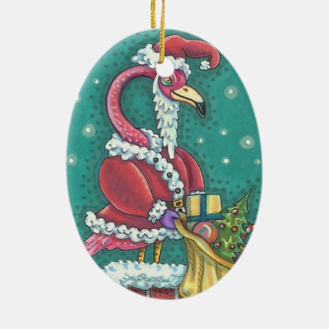 HOT PINK FLAMINGO SANTA,  CHRISTMAS ORNAMENT Oval (Back)