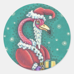 HOT PINK FLAMINGO SANTA CLAUS, CHRISTMAS STICKER