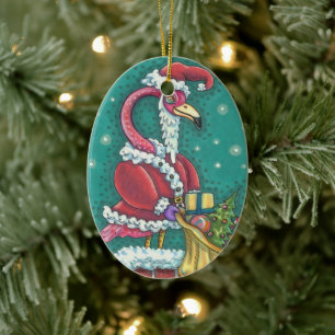 HOT PINK FLAMINGO SANTA, CUTE CHRISTMAS BIRD 2019 CERAMIC ORNAMENT