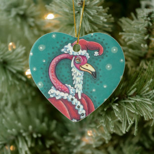 HOT PINK FLAMINGO SANTA, FUNNY CHRISTMAS BIRD 2019 CERAMIC ORNAMENT