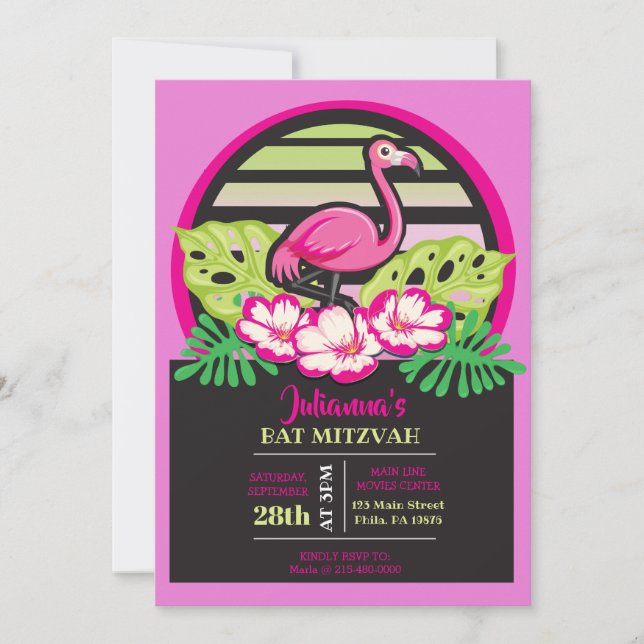 HOT PINK FLAMINGO Tropical Bat Mitzvah Invitation (Front)