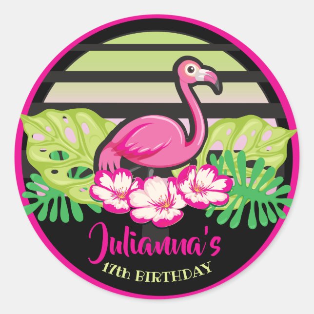 HOT PINK FLAMINGO Tropical Leaves Round Label Seal (Front)
