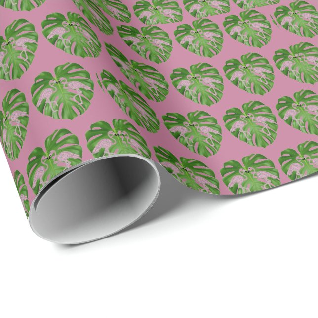 Hot Pink Flamingos Flamingo  Monstera  Wrapping Paper (Roll Corner)