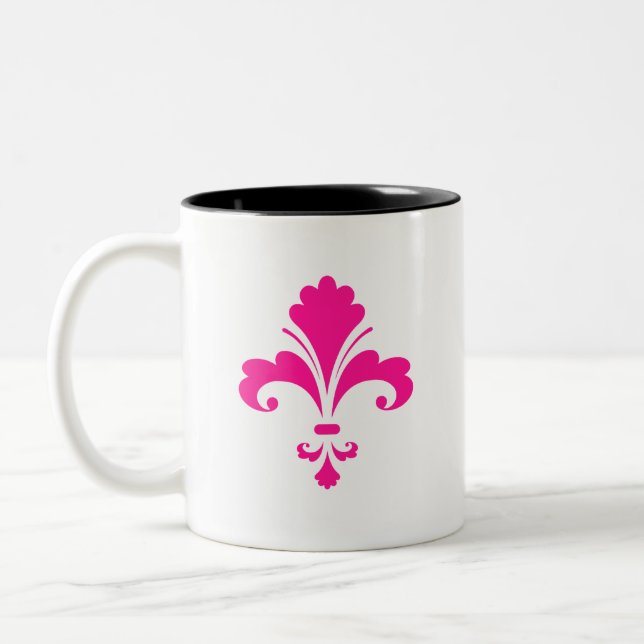 Hot Pink Fleur-de-lis Two-Tone Coffee Mug (Left)