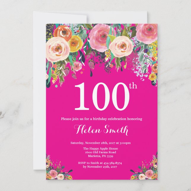 Hot Pink Floral 100th Birthday Invitation (Front)