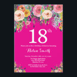 Hot Pink Floral 18th Birthday Invitation<br><div class="desc">Hot Pink Floral 18th Birthday Invitation for Women. Watercolor Floral Flower. Hot Pink Background. Pink, Yellow, Orange, Purple Flower. Adult Birthday. 13th 15th 16th 18th 20th 21st 30th 40th 50th 60th 70th 80th 90th 100th, Any Ages. For further customisation, please click the "Customise it" button and use our design tool...</div>
