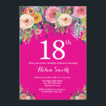 Hot Pink Floral 18th Birthday Invitation<br><div class="desc">Hot Pink Floral 18th Birthday Invitation for Women. Watercolor Floral Flower. Hot Pink Background. Pink, Yellow, Orange, Purple Flower. Adult Birthday. 13th 15th 16th 18th 20th 21st 30th 40th 50th 60th 70th 80th 90th 100th, Any Ages. For further customisation, please click the "Customise it" button and use our design tool...</div>