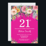 Hot Pink Floral 21st Birthday Invitation<br><div class="desc">Hot Pink Floral 21st Birthday Invitation for Women. Watercolor Floral Flower. Hot Pink Background. Pink, Yellow, Orange, Purple Flower. Adult Birthday. 13th 15th 16th 18th 20th 21st 30th 40th 50th 60th 70th 80th 90th 100th, Any Ages. For further customisation, please click the "Customise it" button and use our design tool...</div>