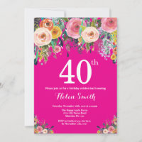 Hot Pink Floral 40th Birthday Invitation
