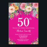 Hot Pink Floral 50th Birthday Invitation<br><div class="desc">Hot Pink Floral 50th Birthday Invitation for Women. Watercolor Floral Flower. Hot Pink Background. Pink, Yellow, Orange, Purple Flower. Adult Birthday. 13th 15th 16th 18th 20th 21st 30th 40th 50th 60th 70th 80th 90th 100th, Any Ages. For further customisation, please click the "Customise it" button and use our design tool...</div>