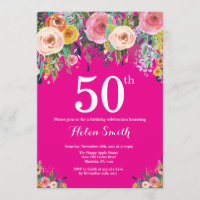 Hot Pink Floral 50th Birthday Invitation