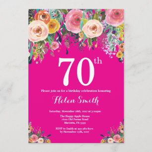 Hot Pink Floral 70th Birthday Invitation
