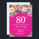 Hot Pink Floral 80th Birthday Invitation<br><div class="desc">Hot Pink Floral 80th Birthday Invitation for Women. Watercolor Floral Flower. Hot Pink Background. Pink, Yellow, Orange, Purple Flower. Adult Birthday. 13th 15th 16th 18th 20th 21st 30th 40th 50th 60th 70th 80th 90th 100th, Any Ages. For further customisation, please click the "Customise it" button and use our design tool...</div>