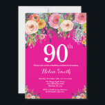 Hot Pink Floral 90th Birthday Invitation<br><div class="desc">Hot Pink Floral 90th Birthday Invitation for Women. Watercolor Floral Flower. Hot Pink Background. Pink, Yellow, Orange, Purple Flower. Adult Birthday. 13th 15th 16th 18th 20th 21st 30th 40th 50th 60th 70th 80th 90th 100th, Any Ages. For further customisation, please click the "Customise it" button and use our design tool...</div>