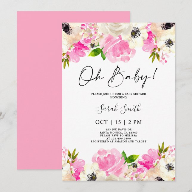 Hot pink floral anemone Baby Shower girl Invitation (Front/Back)