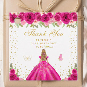 Hot Pink Floral Blonde Hair Girl Birthday Party Favour Tags