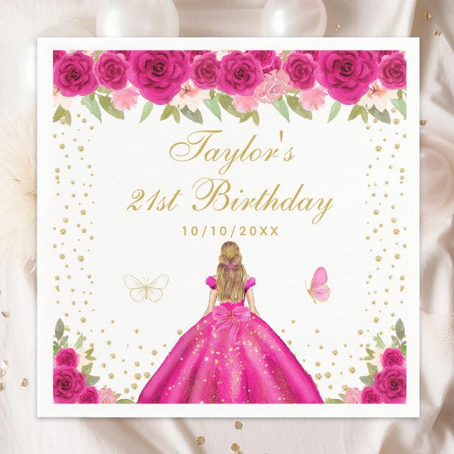 Hot Pink Floral Blonde Hair Girl Birthday Party Napkin (Creator Uploaded)