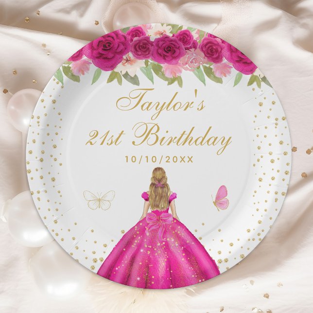 Hot Pink Floral Blonde Hair Girl Birthday Party Paper Plate (Creator Uploaded)