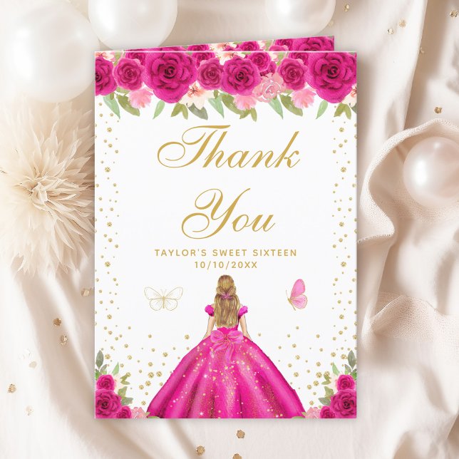 Hot Pink Floral Blonde Hair Girl Sweet Sixteen Thank You Card (Creator Uploaded)